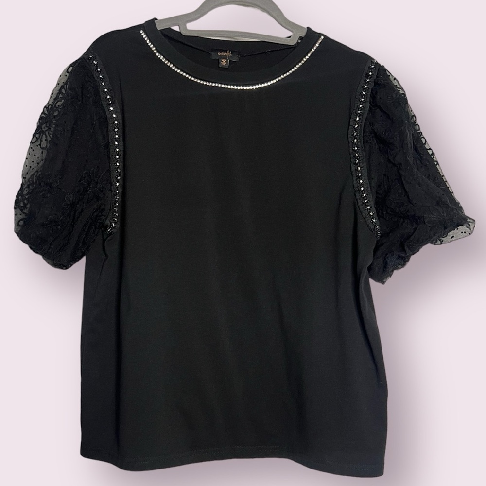 On Twelfth Black Rhinestone Lace Puff Sleeve Shirt XL
